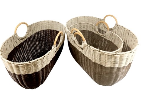 Superior Two-Tone Resin Wicker Oval Baskets with Rattan Ring Handles- Set of 3